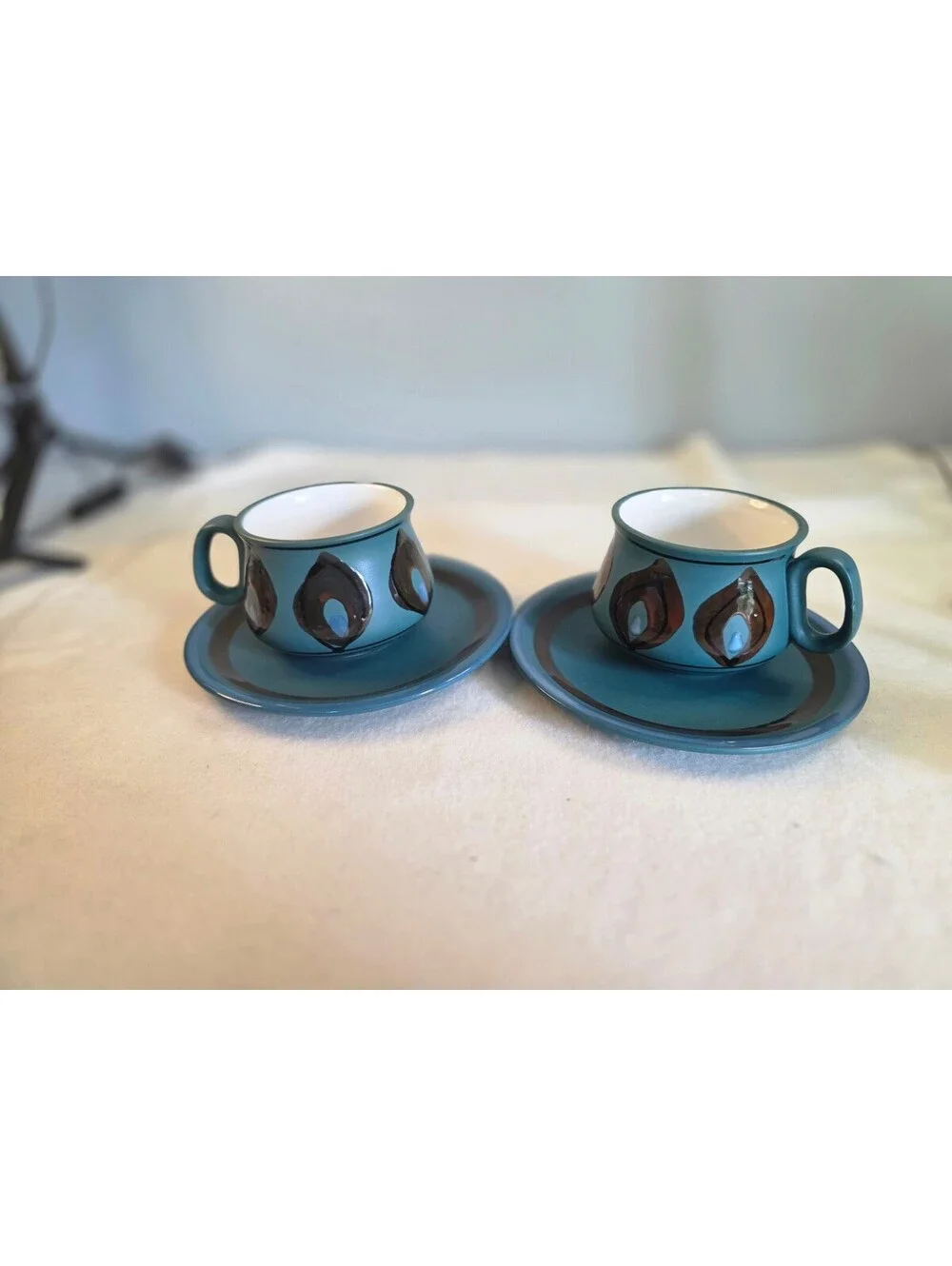 Vintage Jonas Roberts Stoneware Teal Blue Cup Saucer Set of 2 Mid Century